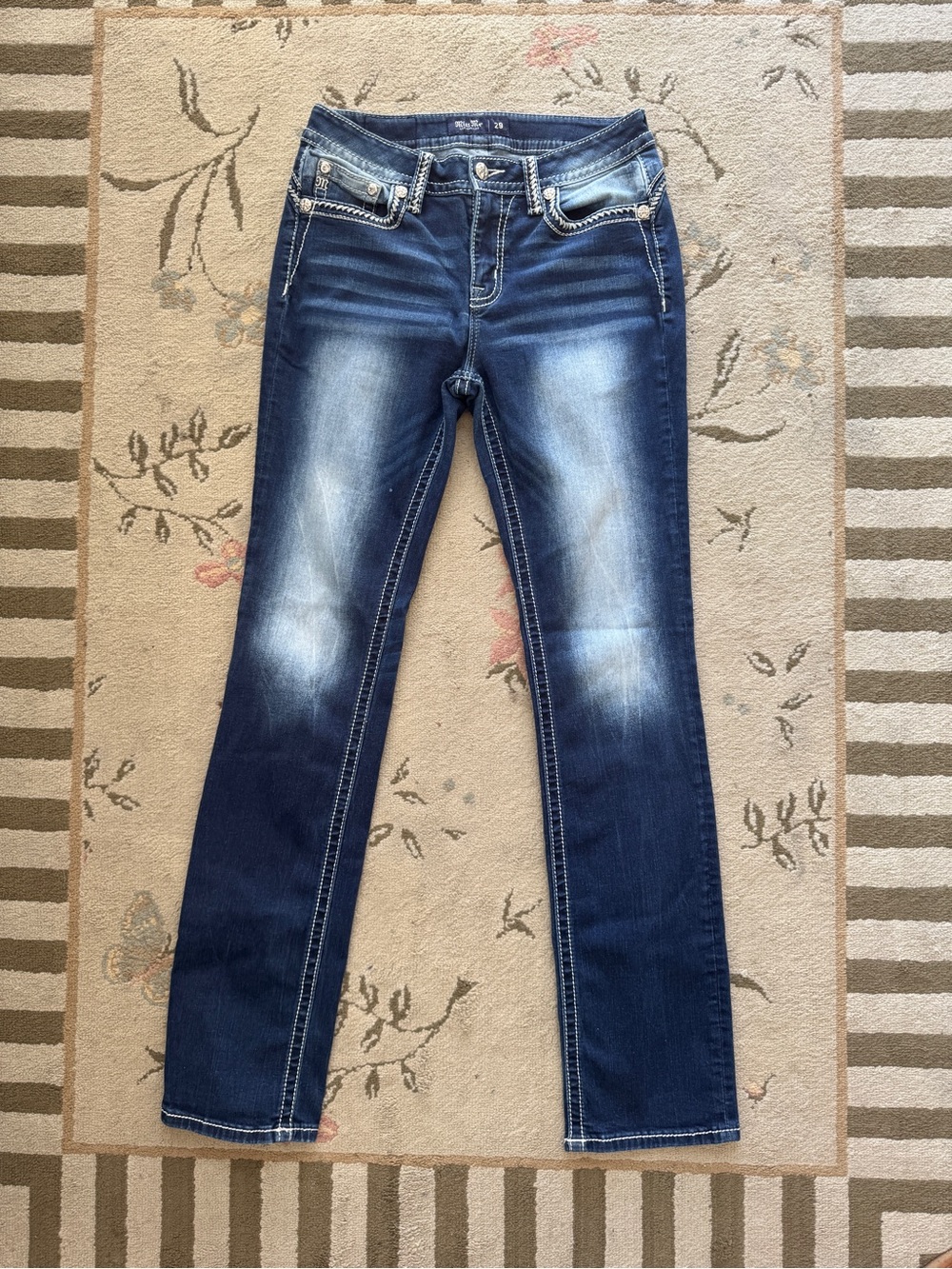 Miss Me Dark Blue Straight Leg Jeans with Faded Detailing. Size 29. 34 inseam